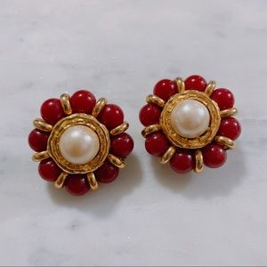 Large Vintage Red Flower Clip-On Earrings